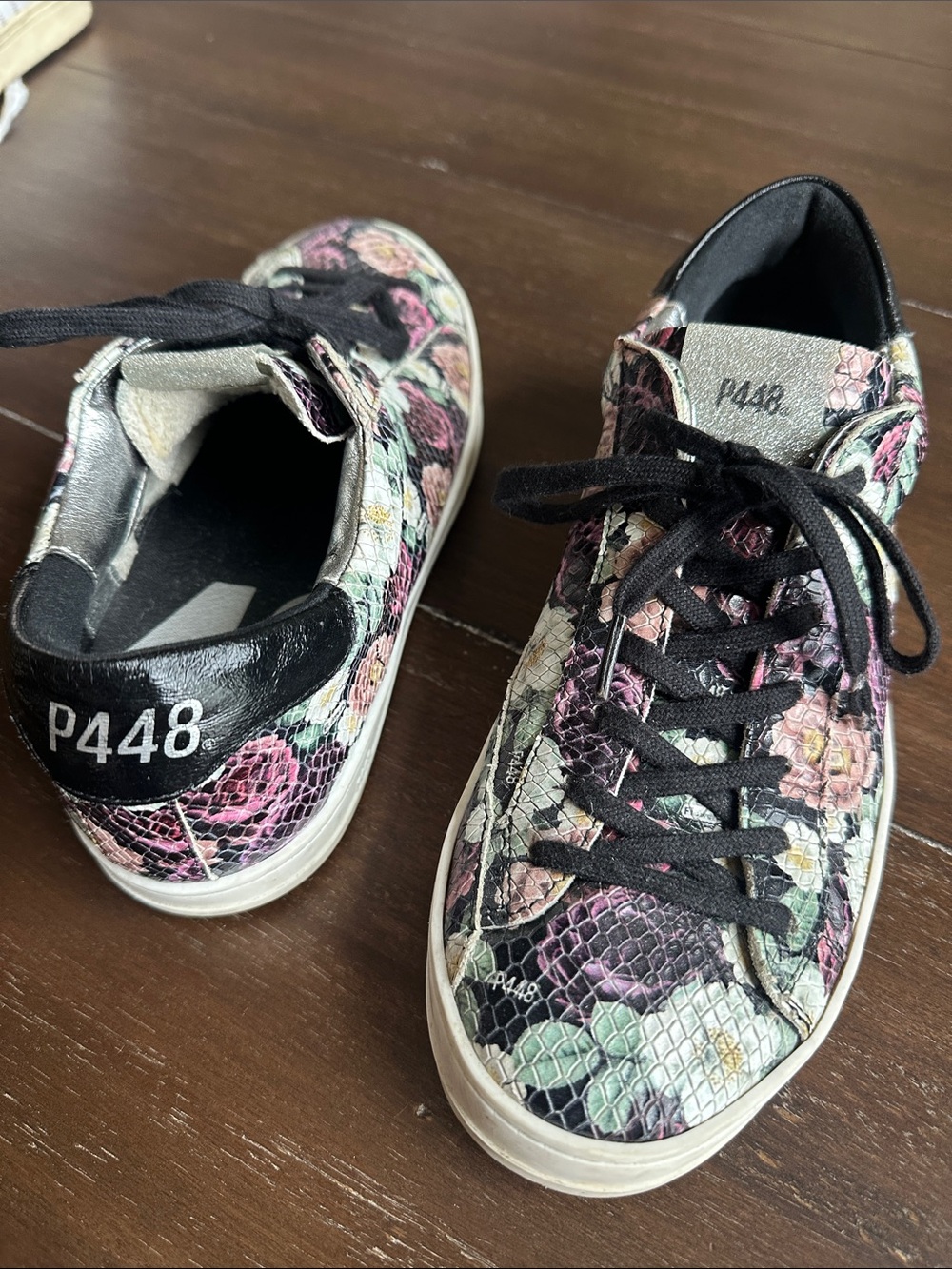 P448 Floral Snake-Embossed Low Top Sneakers in Pink, Black and Cream